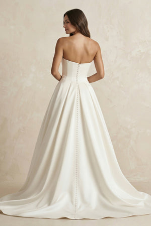 Satin Sweetheart A - Line Ruched Wedding Dress With Slit in Ivory - KissProm Wedding Dresses
