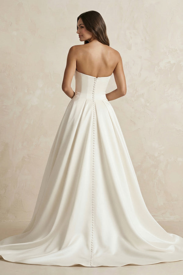 Satin Sweetheart A - Line Ruched Wedding Dress With Slit in Ivory - KissProm Wedding Dresses