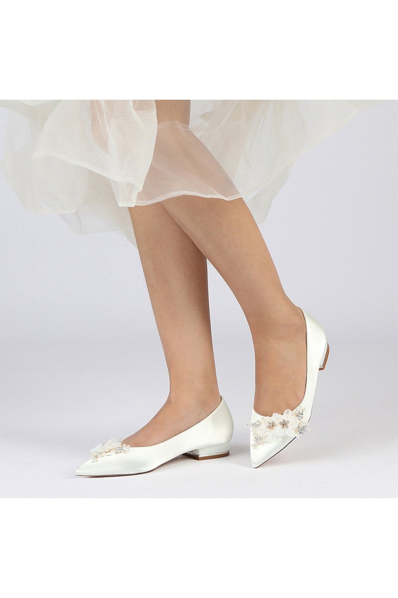 Satin Champagne Flats with Delicate Flower Embellishments - KissProm