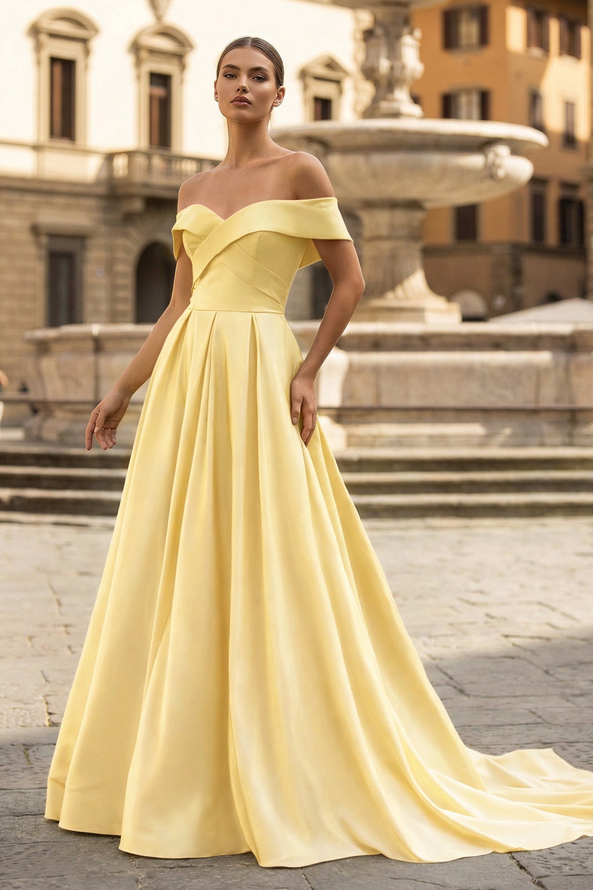 KissProm A-Line Prom Dresses Celebrity Style Dress Christmas Sleeveless Off The Shoulder Satin with Slit, Yellow / 4