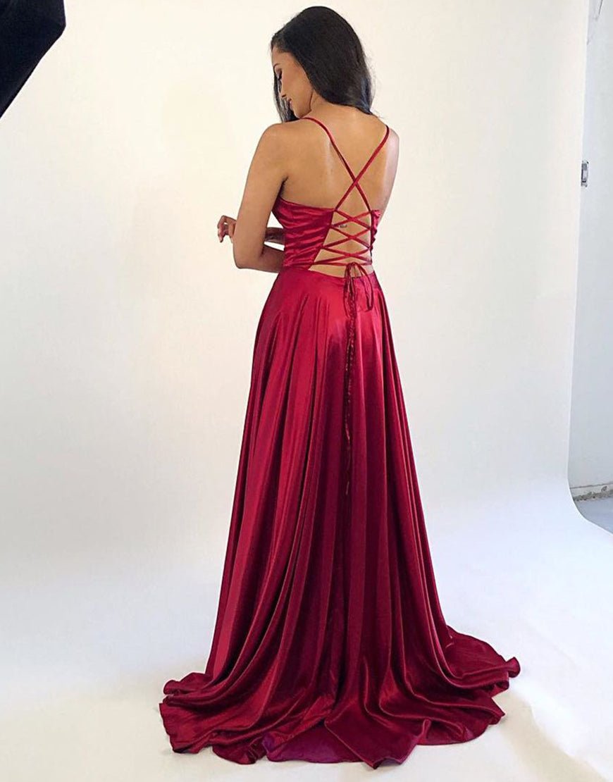 Tanya | Satin Long Dark Red Prom Dress - KissProm