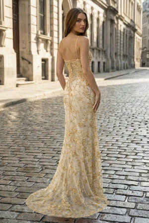 KissProm- Champagne Spaghetti Straps Mermaid Sequined Lace Long Formal Prom Dresses