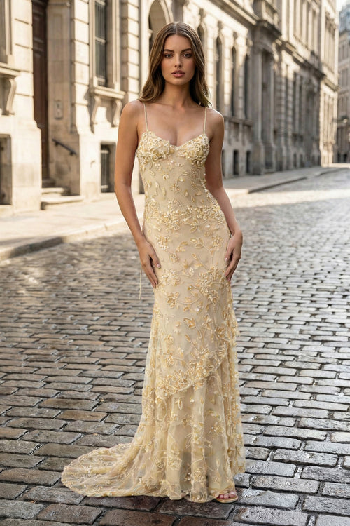 KissProm- Champagne Spaghetti Straps Mermaid Sequined Lace Long Formal Prom Dresses