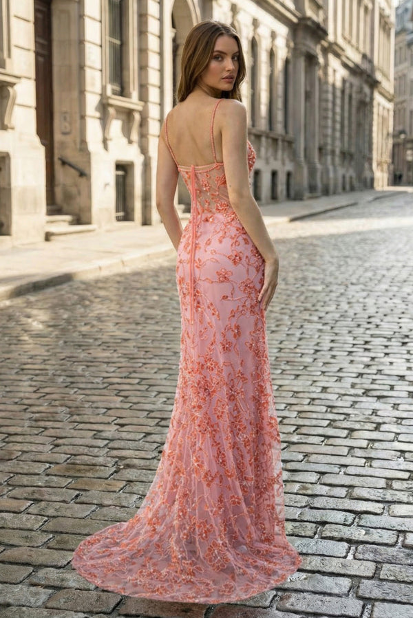 KissProm- Pink Spaghetti Straps Mermaid Sequined Lace Long Formal Prom Dresses