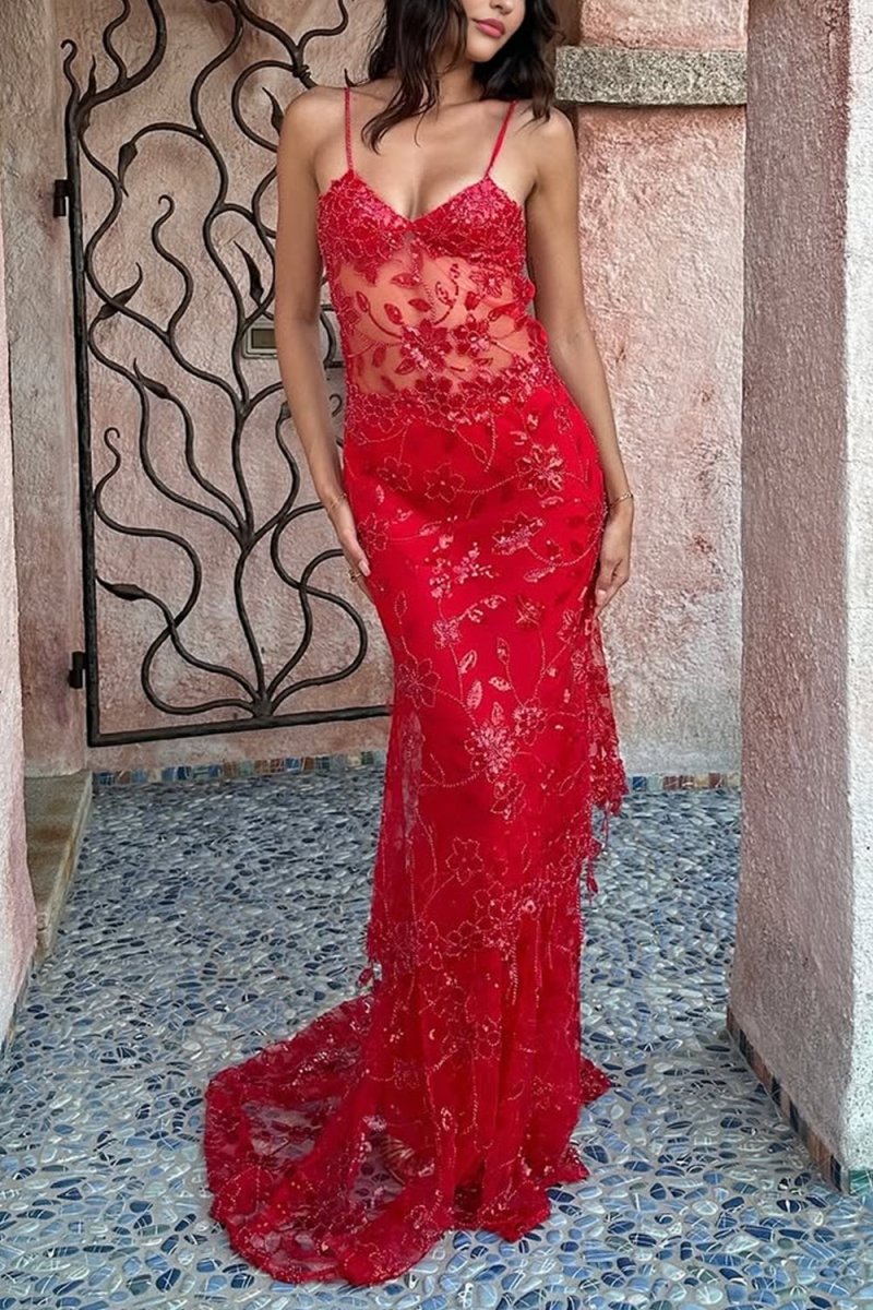 Savine | Red - Spaghetti Straps Mermaid Sequined Lace Long Formal Prom Dresses - KissProm