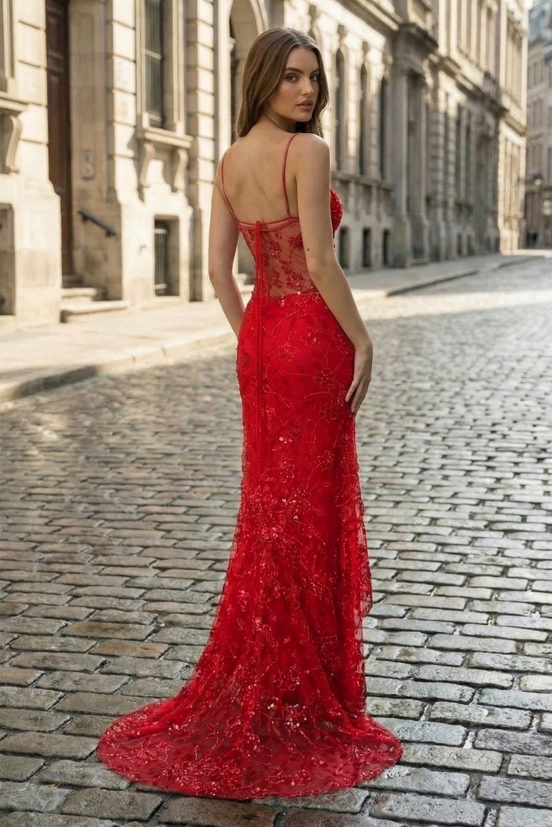 KissProm Pink Spaghetti Straps Mermaid Sequined Lace Long Formal Prom Dresses, Red / 10