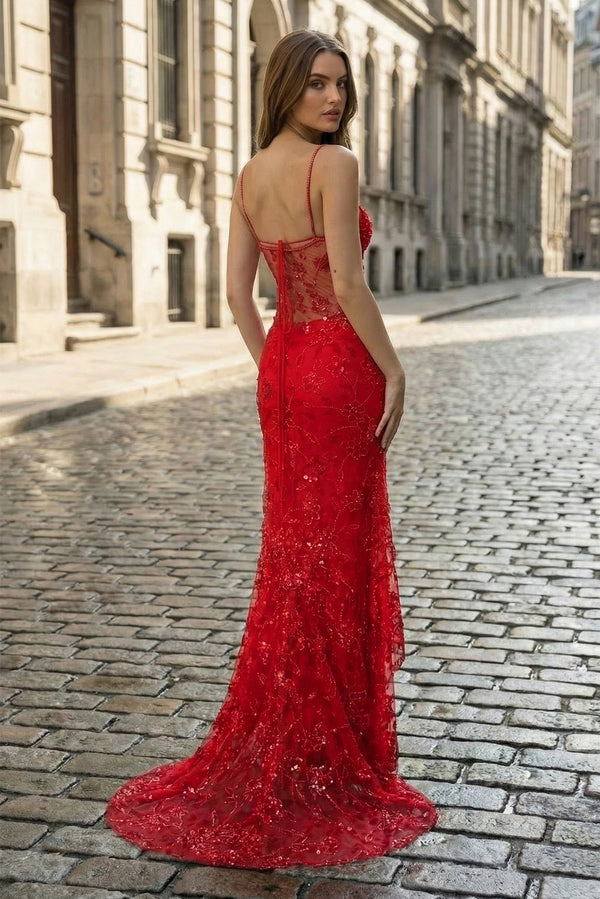 Red - Spaghetti Straps Mermaid Sequined Lace Long Formal Prom Dresses
