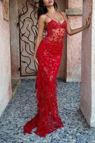 Savine | Red - Spaghetti Straps Mermaid Sequined Lace Long Formal Prom Dresses - KissProm