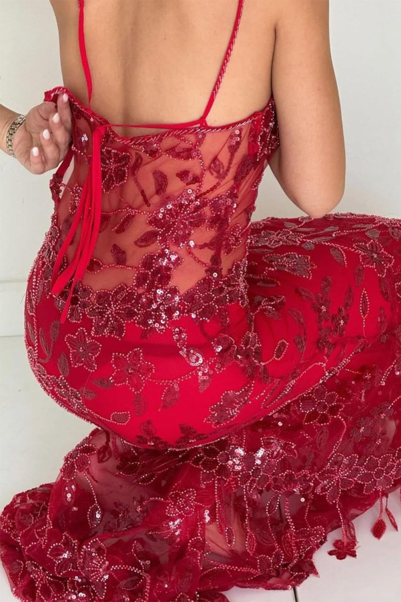 Savine | Red - Spaghetti Straps Mermaid Sequined Lace Long Formal Prom Dresses - KissProm