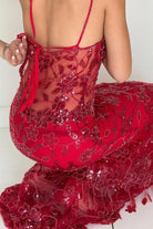 Savine | Red - Spaghetti Straps Mermaid Sequined Lace Long Formal Prom Dresses - KissProm