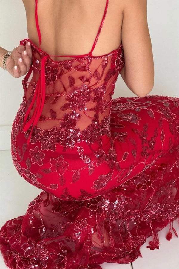 Savine | Red - Spaghetti Straps Mermaid Sequined Lace Long Formal Prom Dresses - KissProm