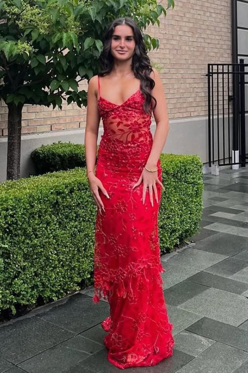 Red - Spaghetti Straps Mermaid Sequined Lace Long Formal Prom Dresses Red / 8