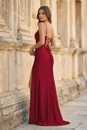 Royal Blue Spaghetti Straps Lace - Up Pleated Mermaid Gown - KissProm