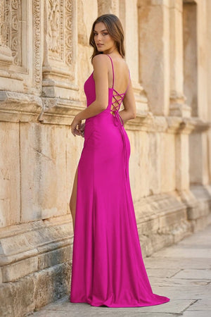 Royal Blue Spaghetti Straps Lace - Up Pleated Mermaid Gown - KissProm