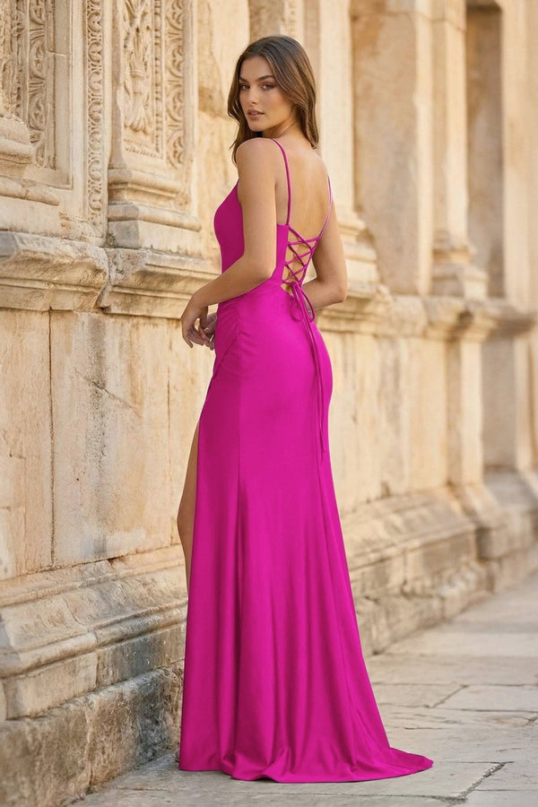 Royal Blue Spaghetti Straps Lace - Up Pleated Mermaid Gown - KissProm