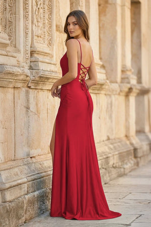 Royal Blue Spaghetti Straps Lace - Up Pleated Mermaid Gown - KissProm