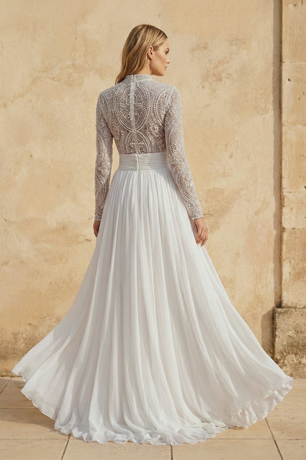 Luxurious Lace Beading Long Sleeves A-Line Pleated Tulle Wedding Dresses, White-Nude / 18 Luxurious Lace Beading Long Sleeves A-Line Pleated Tulle Wedding Dresses, White-Nude / 18