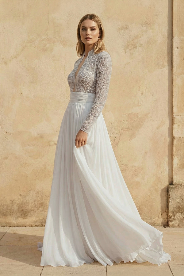Luxurious Lace Beading Long Sleeves A-Line Pleated Tulle Wedding Dresses