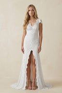 Cap Sleeve Satin Lace Split Mermaid Wedding Dress – Wedding Dresses by KissProm | Available at KissProm
