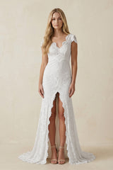 Cap Sleeve Satin Lace Split Mermaid Wedding Dress – Wedding Dresses by KissProm | Available at KissProm