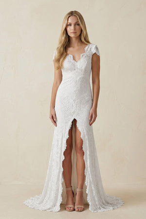 Cap Sleeve Satin Lace Split Mermaid Wedding Dress – Wedding Dresses by KissProm | Available at KissProm