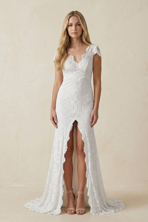 Cap Sleeve Satin Lace Split Mermaid Wedding Dress – Wedding Dresses by KissProm | Available at KissProm