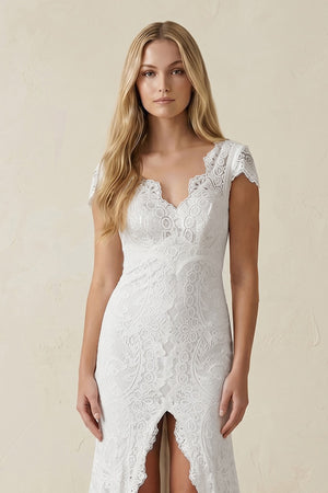 Cap Sleeve Satin Lace Split Mermaid Wedding Dress – Wedding Dresses by KissProm | Available at KissProm