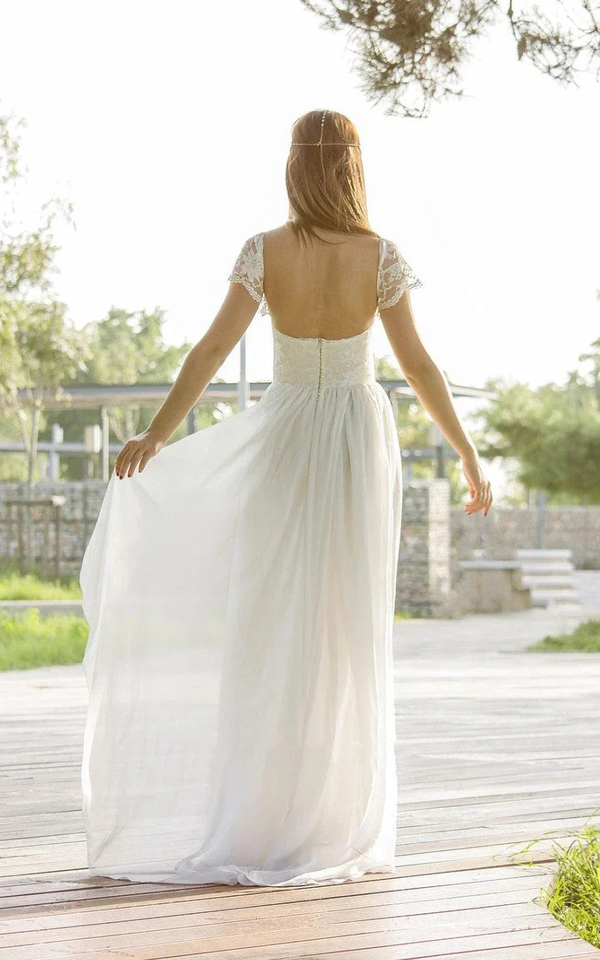 Scoop Cap Sleeves Backless Long Chiffon Lace Appliques Wedding Dress w Scoop Cap Sleeves Backless Long Chiffon Lace Appliques Wedding Dress w