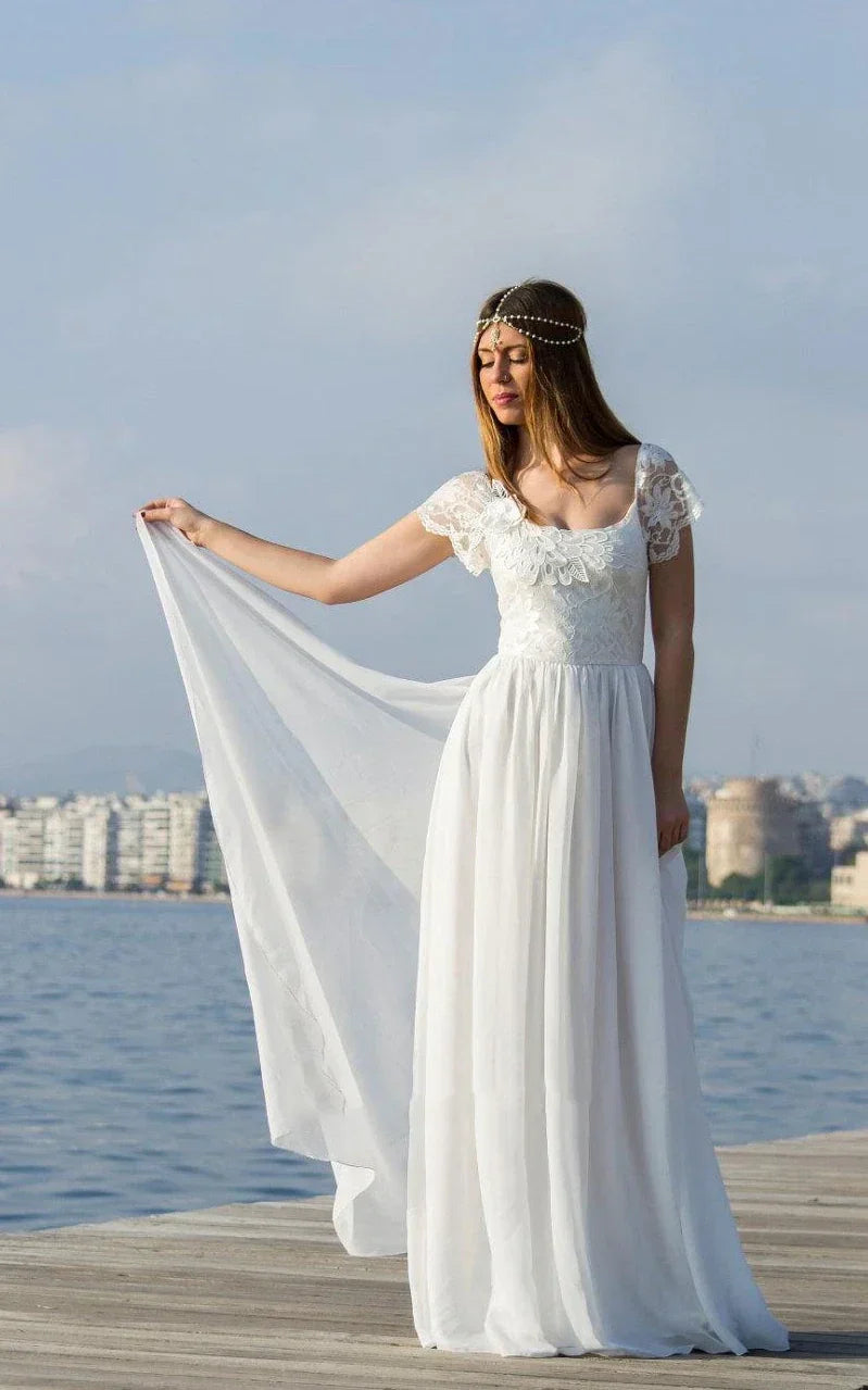 open lace back dress Elegant A-Line Ivory Flower Cap Sleeve V-Neck Chiffon Open Back Wedding  Dresses,MW345 main image 0