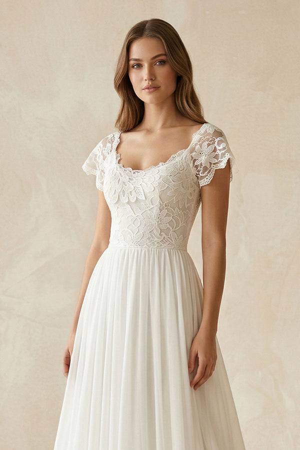 Scoop Cap Sleeves Backless Long Chiffon Lace Appliques Wedding Dress withTrain, Diamond White / 10 Scoop Cap Sleeves Backless Long Chiffon Lace Appliques Wedding Dress withTrain, Diamond White / 10