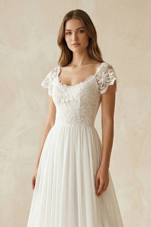 Scoop Cap Sleeves Backless Long Chiffon Lace Appliques Wedding Dress withTrain – Wedding Dresses by KissProm | Available at KissProm