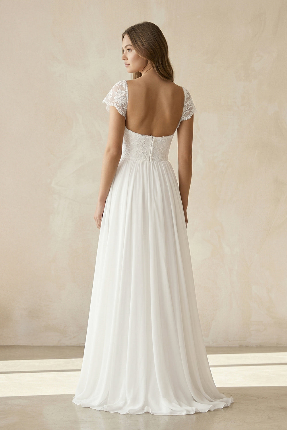 Scoop Cap Sleeves Backless Long Chiffon Lace Appliques Wedding Dress withTrain – Wedding Dresses by KissProm | Available at KissProm