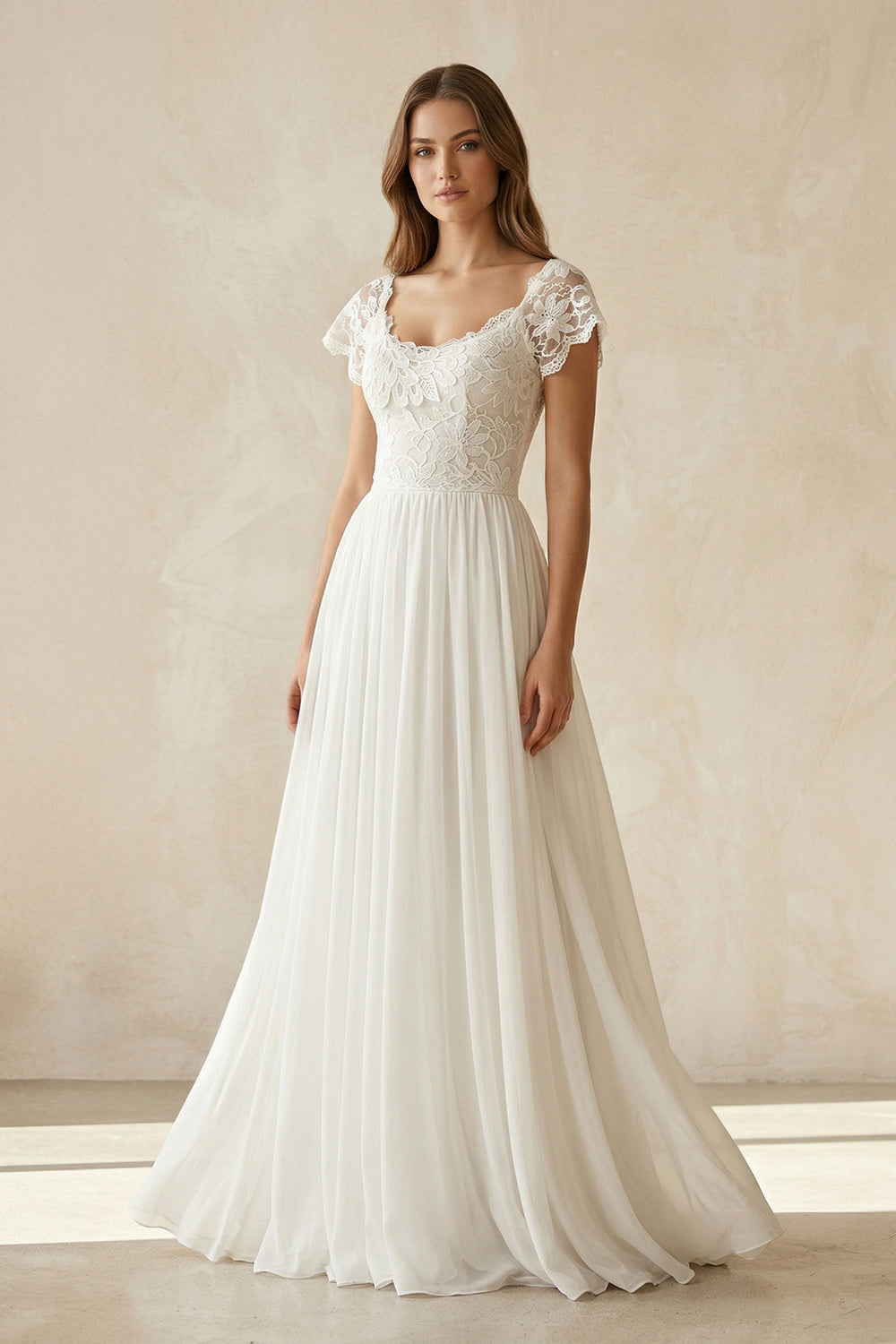 Scoop Cap Sleeves Backless Long Chiffon Lace Appliques Wedding Dress withTrain – Wedding Dresses by KissProm | Available at KissProm