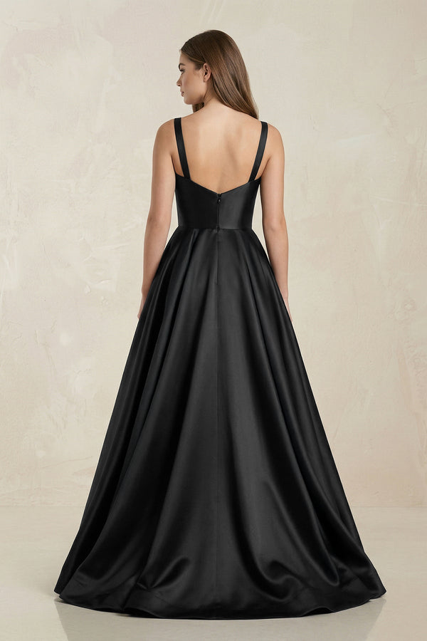 Scoop Neck A - Line Satin Maxi Wedding Dress in Black - KissProm Wedding Dresses