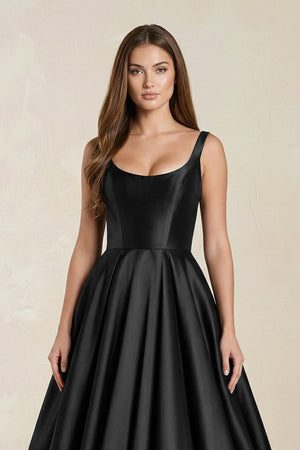 Scoop Neck A - Line Satin Maxi Wedding Dress in Black - KissProm Wedding Dresses