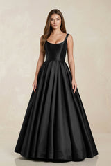 Scoop Neck A - Line Satin Maxi Wedding Dress in Black - KissProm Wedding Dresses