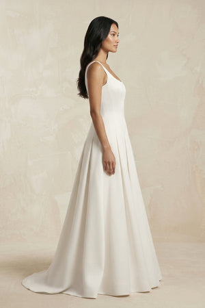 Scoop Neck Satin A - Line Pleated Wedding Dress in Ivory - KissProm Wedding Dresses