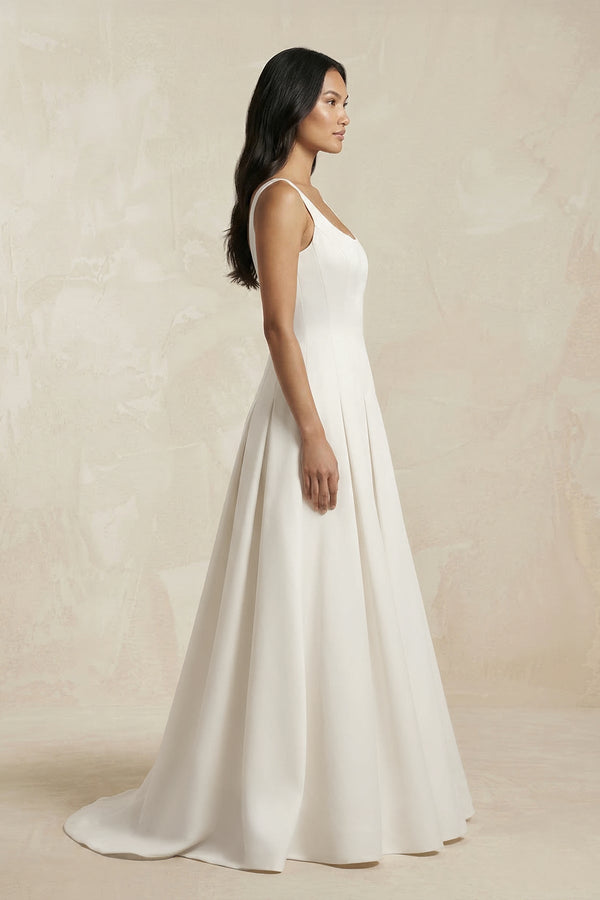 Scoop Neck Satin A - Line Pleated Wedding Dress in Ivory - KissProm Wedding Dresses