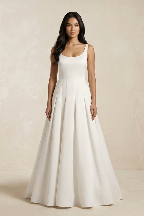 Scoop Neck Satin A - Line Pleated Wedding Dress in Ivory - KissProm Wedding Dresses