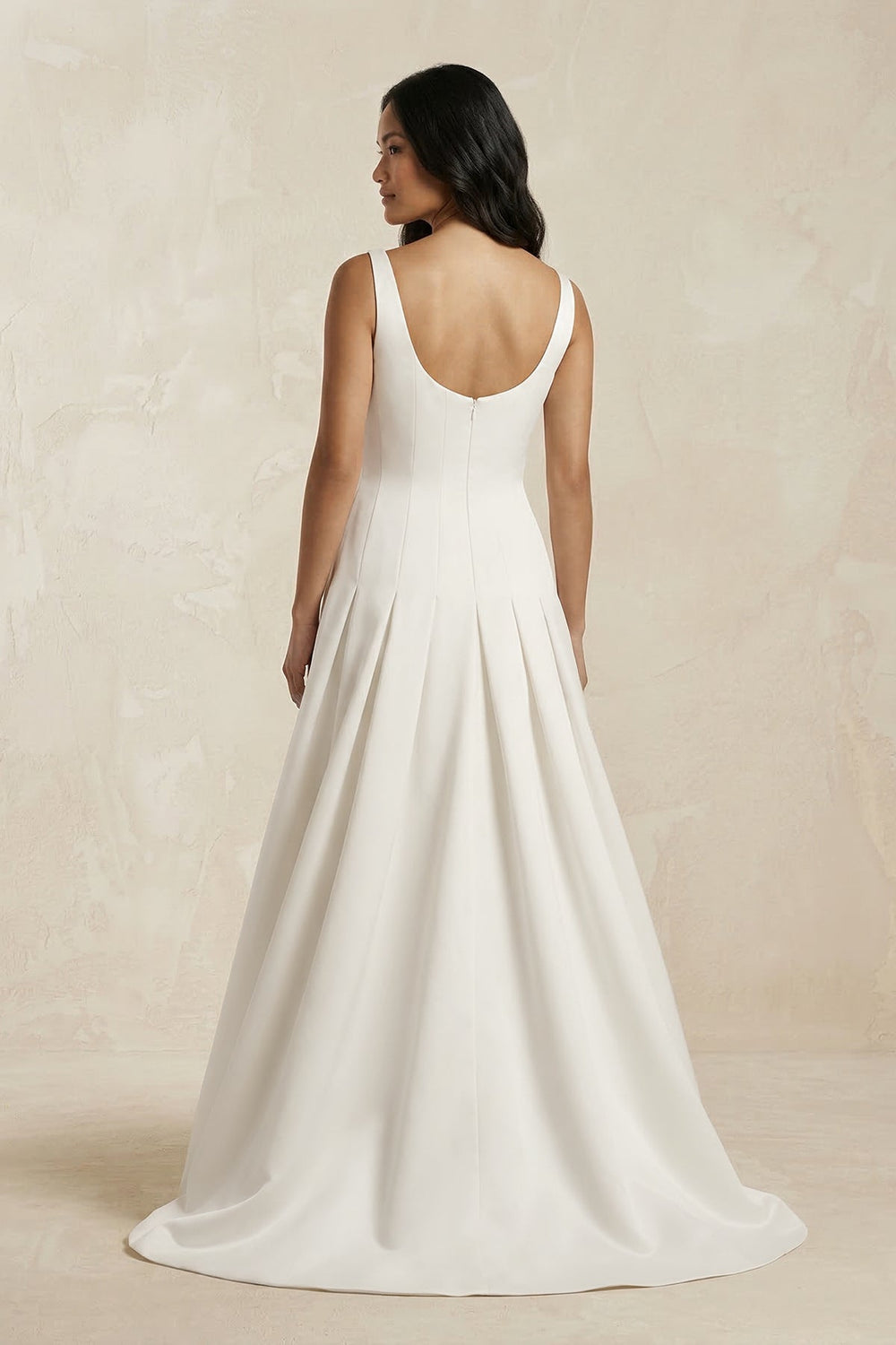 Scoop Neck Satin A - Line Pleated Wedding Dress in Ivory - KissProm Wedding Dresses