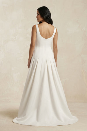 Scoop Neck Satin A - Line Pleated Wedding Dress in Ivory - KissProm Wedding Dresses