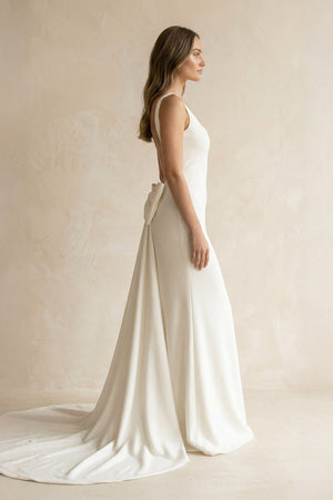 Scoop Neck Sheath Satin Sheath Wedding Dress in Ivory - KissProm Wedding Dresses