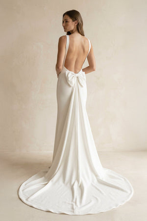 Scoop Neck Sheath Satin Sheath Wedding Dress in Ivory - KissProm Wedding Dresses