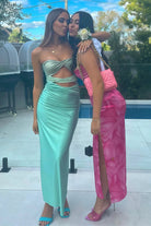 Selan | Aqua - Strapless Sheath Satin Prom Dresses With Cutout - KissProm