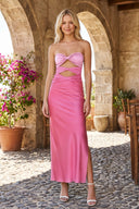 Pink - Strapless Sheath Satin Prom Dresses With Cutout - KissProm