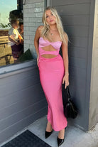 Selan | Pink - Strapless Sheath Satin Prom Dresses With Cutout - KissProm