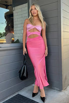 Selan | Pink - Strapless Sheath Satin Prom Dresses With Cutout - KissProm