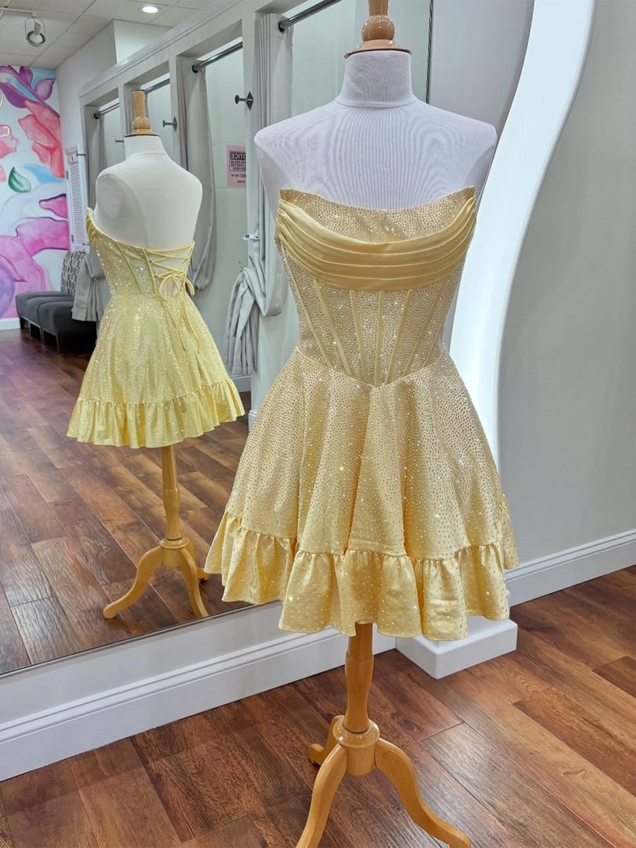 Selima | Yellow - A Line Scoop Neck Satin Corset Ruffled Homecoming Dresses With Beadings