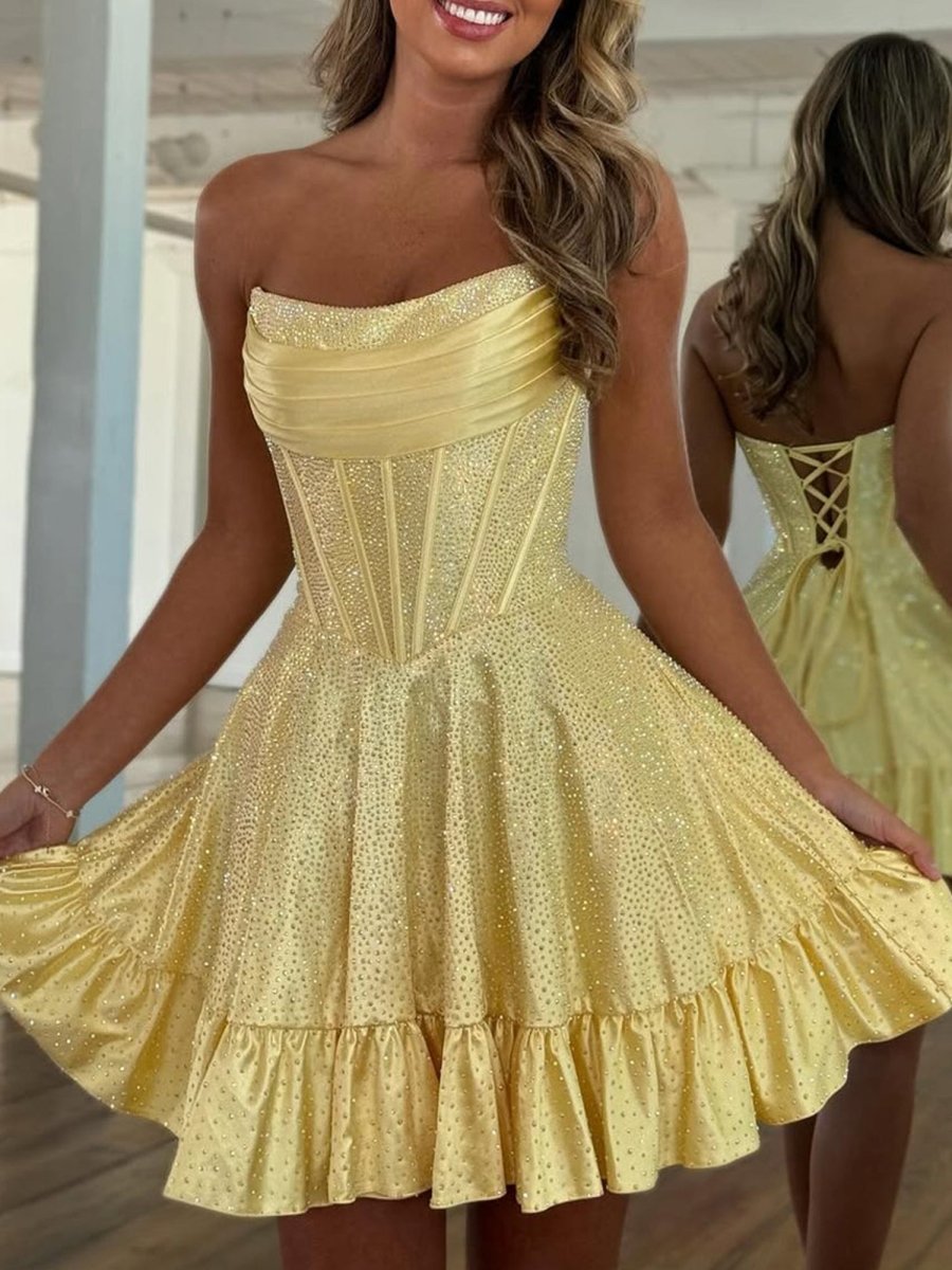 Selima | Yellow - A Line Scoop Neck Satin Corset Ruffled Homecoming Dresses With Beadings