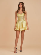 Selima | Yellow - A Line Scoop Neck Satin Corset Ruffled Homecoming Dresses With Beadings